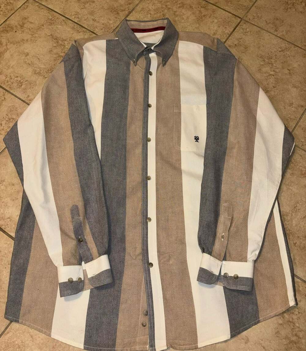 Twenty XO Vintage Men's Long Sleeve Button Down Shirt Vertical Striped Tan Grey